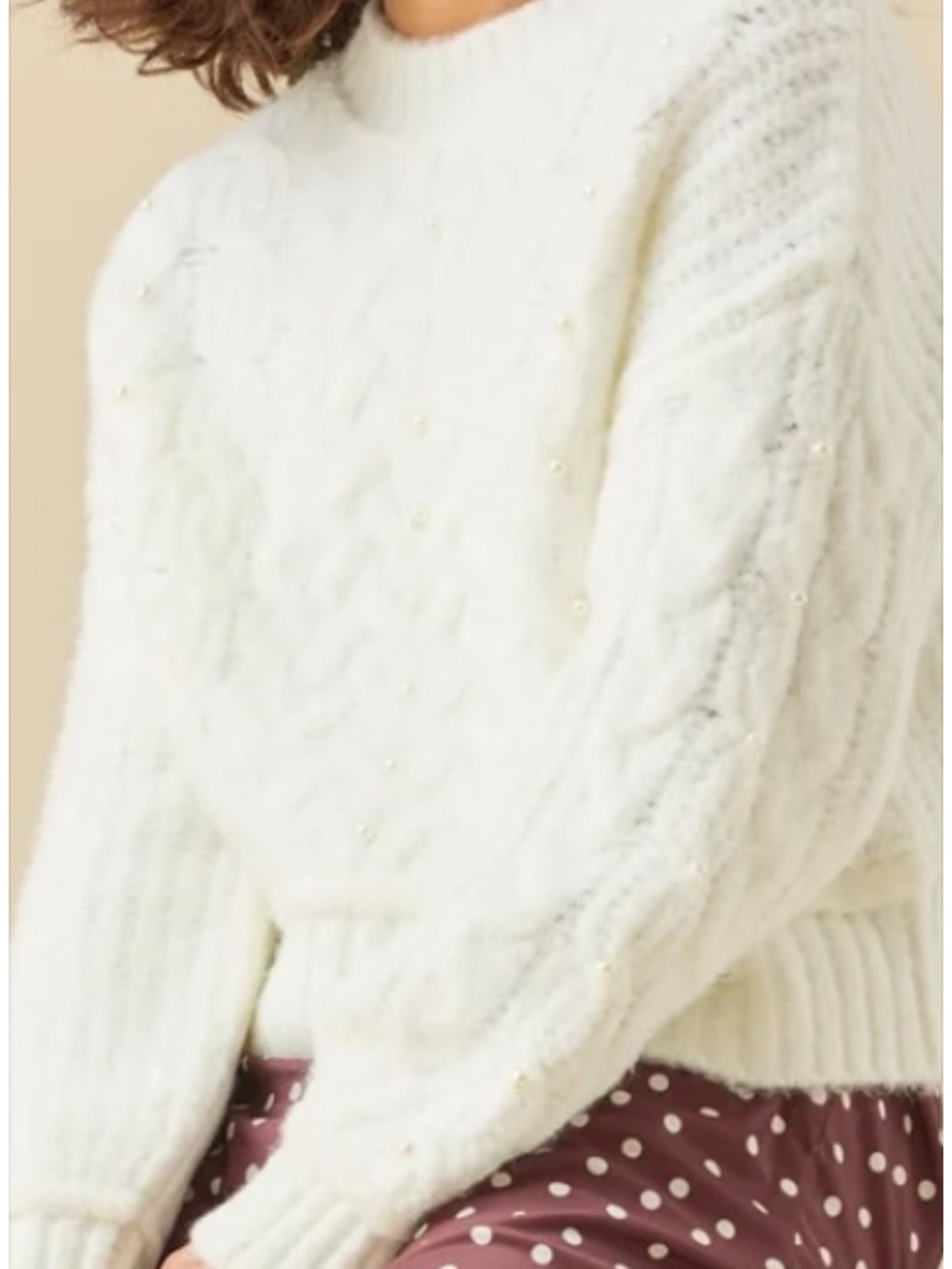 Altar'd State Cream Cable-Knit Pearl-Embellished Crew Sweater